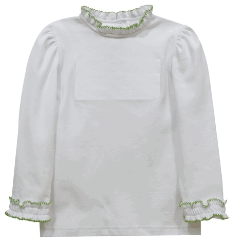 White Knit Long Sleeve Girls Ruffle Blouse With Picot Green