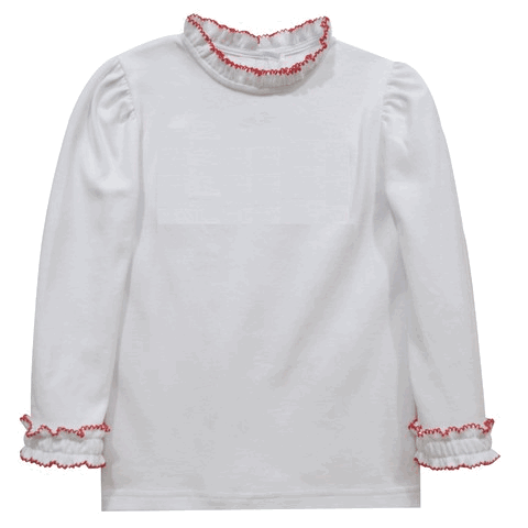 White Knit Long Sleeve Girls Ruffle Blouse With Picot Hot Pink