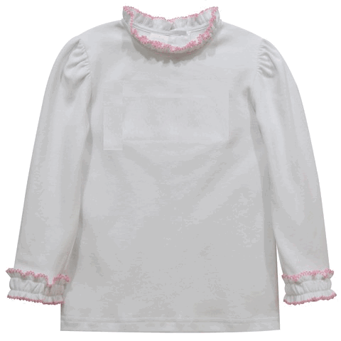 White Knit Long Sleeve Girls Ruffle Blouse With Picot Pink