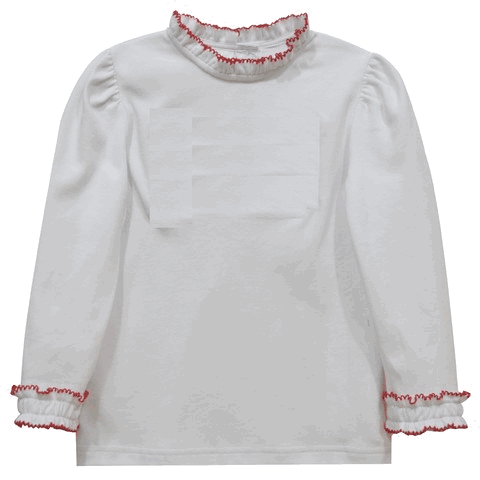 White Knit Long Sleeve Girls Ruffle Blouse With Picot Red