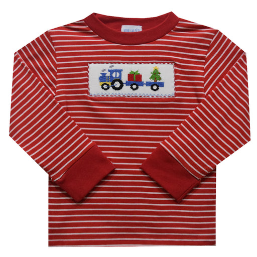 Christmas Train Smocked Stripe Red And White Knit Long Sleeve With Rib Cuff Boys Tee Shirt