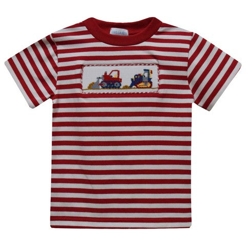 Excavator Smocked Red Stripes Knit Short Sleeve Boys Tee Shirt