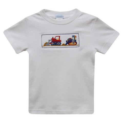 Excavator Smocked White Knit Short Sleeve Boys Tee Shirt