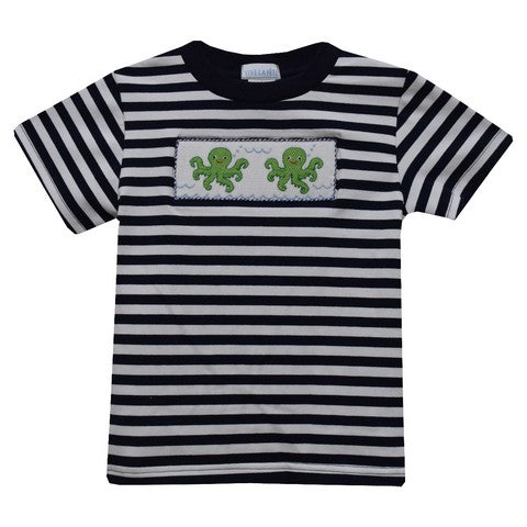Octopus Smocked Navy Stripes Knit Short Sleeve Boys Tee Shirt
