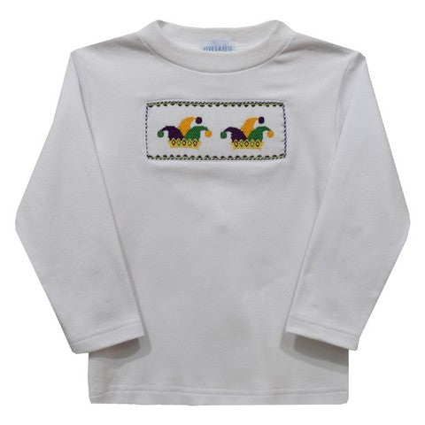Mardi Gras Smocked White Knit Long Sleeve Boys Tee Shirt