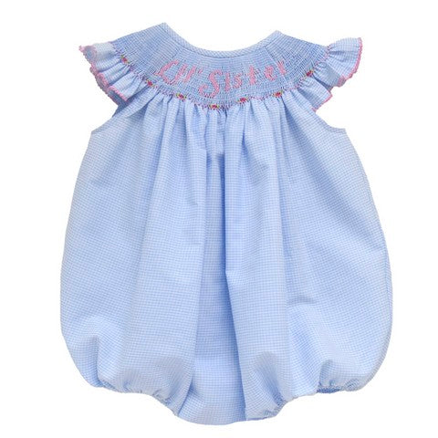 Lil' Sister Smocked Light Blue Gingham Angel Wing Girls Bubble Bishop