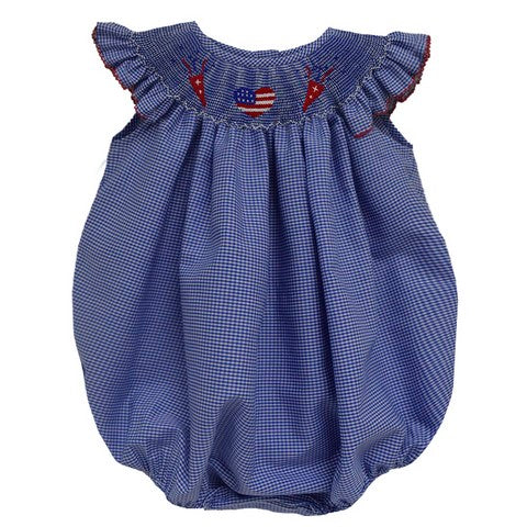 4th of July Smocked Royal Gingham Angel Wing Girls Bubble Bishop