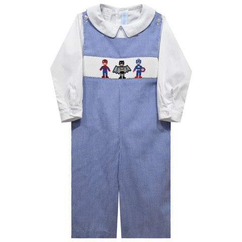 Superheros Smocked Royal Gingham Boys Long Jon Jon and Long Sleeve White Shirt