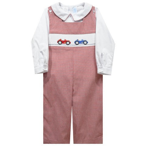 Classic Cars Smocked Red Gingham Boys Long Jon Jon and Long Sleeve White Shirt
