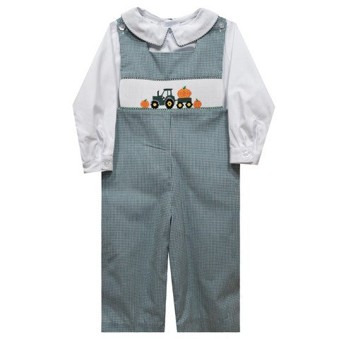 Tractor with Pumpkins Smocked Hunter Green Gingham Boys Long Jon Jon and Long Sleeve White Shirt