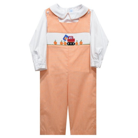 Pumpkin Digger Smocked Orange Gingham Boys Long Jon Jon and Long Sleeve White Shirt