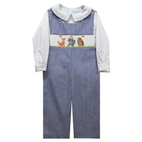 Woodland Friends Smocked Navy Gingham Boys Long Jon Jon and Long Sleeve White Shirt