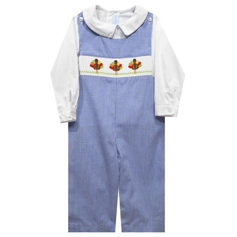 Turkey Smocked Royal Gingham Boys Long Jon Jon and Long Sleeve White Shirt