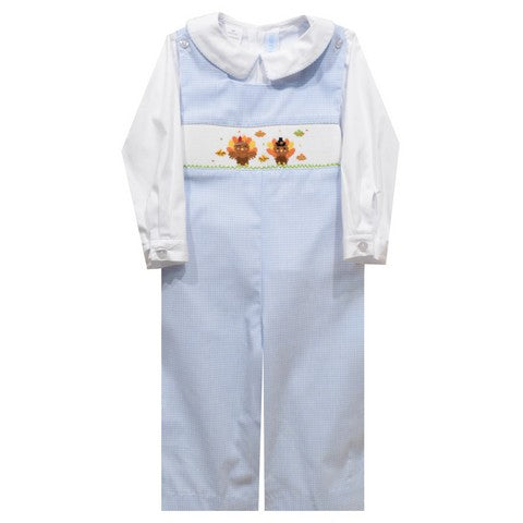 Thanksgiving Turkey Smocked Light Blue Gingham Boys Long Jon Jon and Long Sleeve White Shirt - Vive La Fête - Online Apparel Store