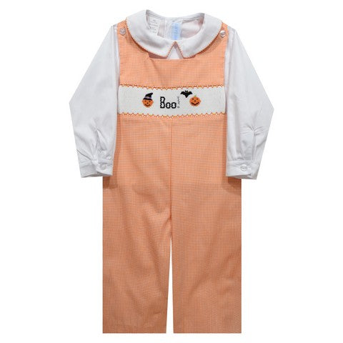 Boo Halloween Smocked Orange Gingham Boys Long Jon Jon and Long Sleeve White Shirt