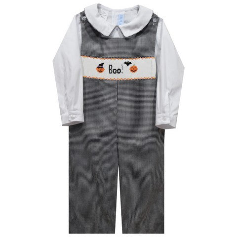 Boo Halloween Smocked Black Gingham Boys Long Jon Jon and Long Sleeve White Shirt