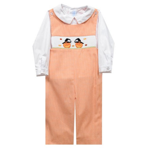 Jack O Lantern Smocked Orange Gingham Boys Long Jon Jon and Long Sleeve White Shirt