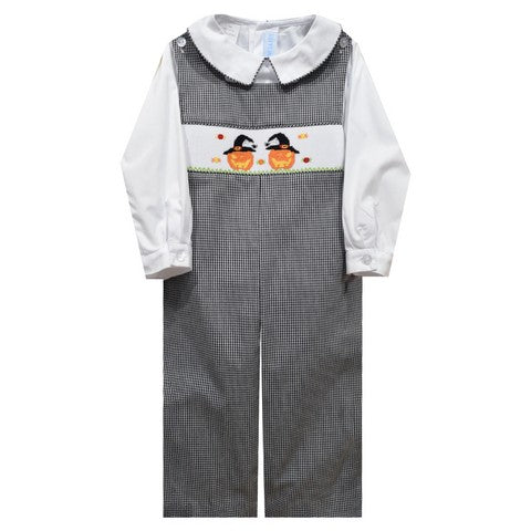 Jack O Lantern Smocked Black Gingham Boys Long Jon Jon and Long Sleeve White Shirt