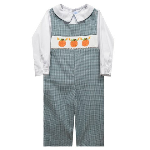 Orange Pumpkin Smocked Hunter Green Gingham Boys Long Jon Jon and Long Sleeve White Shirt