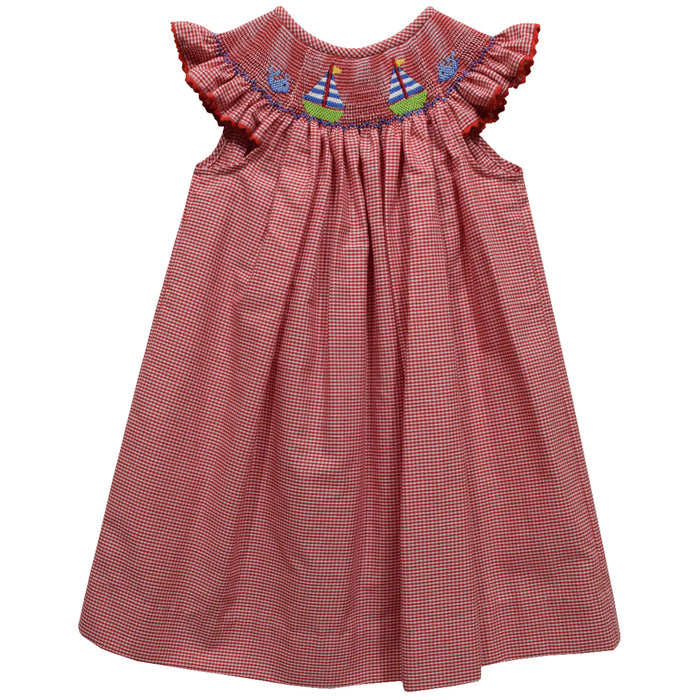 Sailboat Smocked Red Cardinal Check Bishop Girls Angel Wing - Vive La Fête - Online Apparel Store