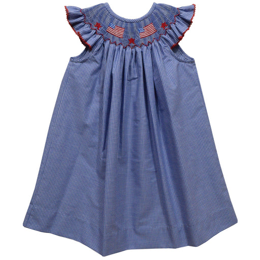4Th Of July Smocked Royal Check Bishop Girls Angel Wing - Vive La Fête - Online Apparel Store
