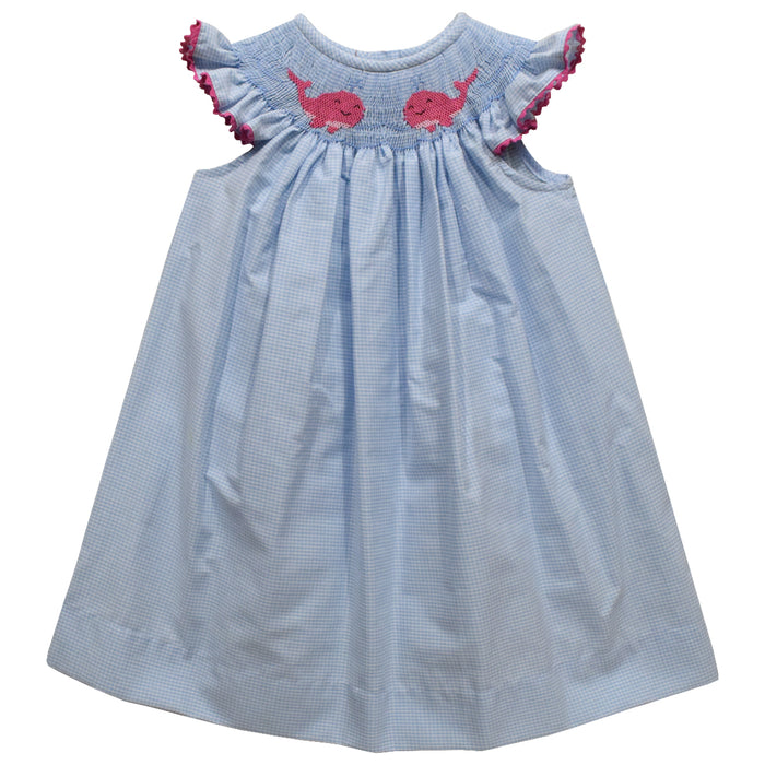 Whales Smocked Light Blue Check Bishop Girls Angel Wing - Vive La Fête - Online Apparel Store