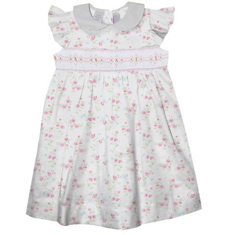 Geometric Smocked White Print Flower Peter Pan Collar Dress