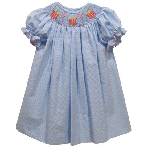 Birthday Smocked Light Blue Check Short Sleeve Girls Bishop