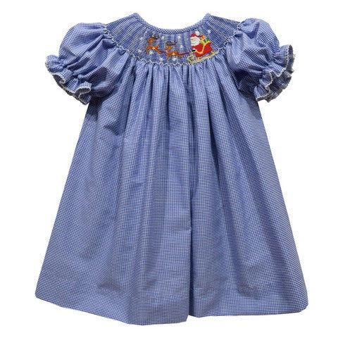 Santa Sleigh Smocked Royal Gingham Short Sleeve Girls Bishop