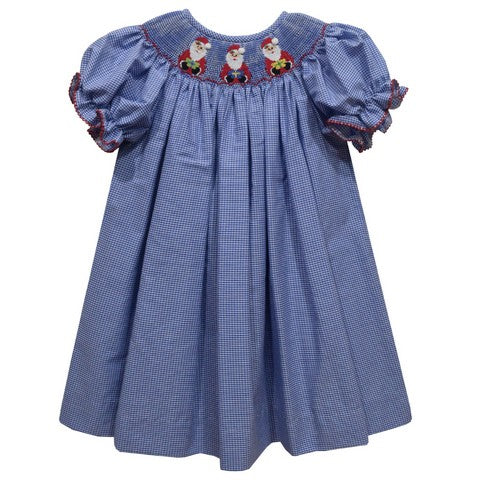 Santa Claus Smocked Royal Check Short Sleeve Girls Bishop