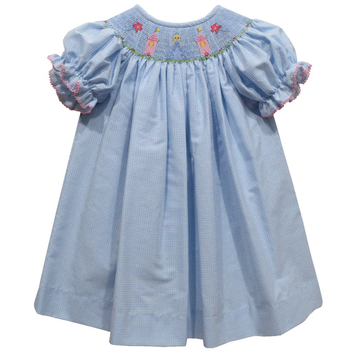 Princess Smocked Light Blue Check Short Sleeve Girls Bishop - Vive La Fête - Online Apparel Store