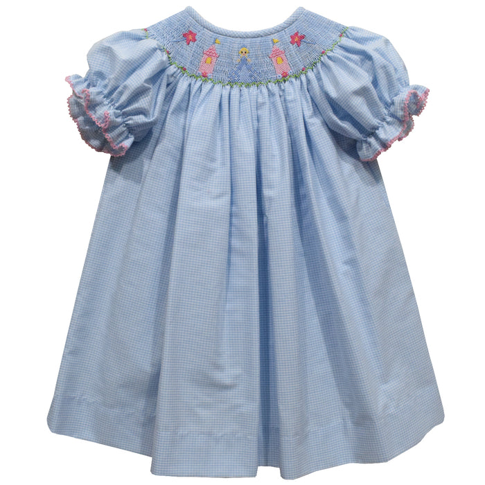 Princess Smocked Light Blue Check Short Sleeve Girls Bishop - Vive La Fête - Online Apparel Store