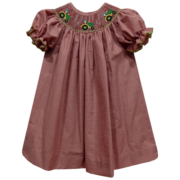 Tractors Smocked Red Check Short Sleeve Girls Bishop - Vive La Fête - Online Apparel Store