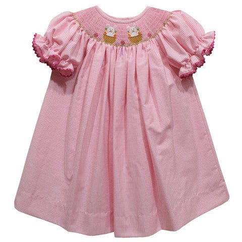 Easter Bunny Smocked Pink Check Short Sleeve Girls Bishop