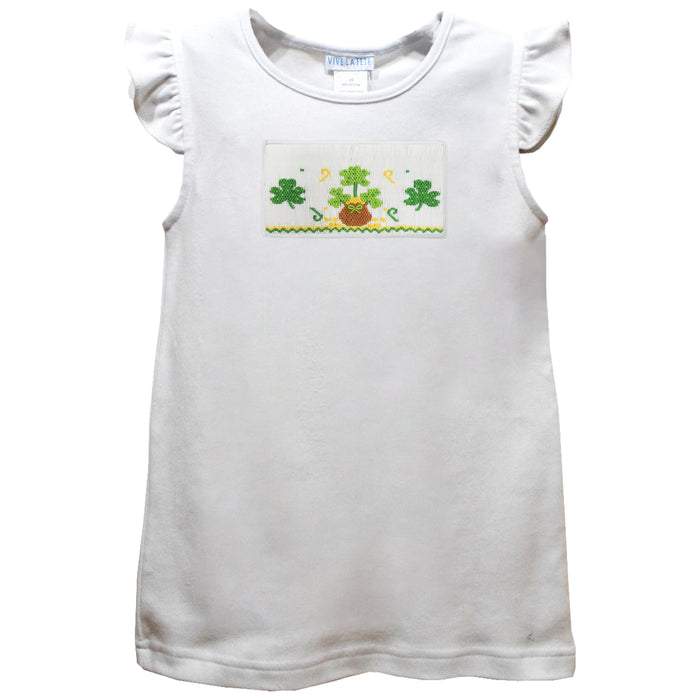 St. Patrick Shamrocks Smocked White Knit Angel Wing Sleeves Girls Tshirt
