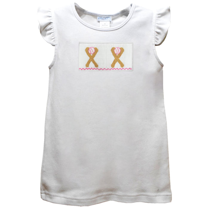 Baseball Smocked White Knit Angel Wing Sleeves Girls Tshirt