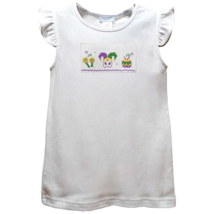 Mardi Gras Smocked White Knit Angel Wing Sleeves Girls Tshirt