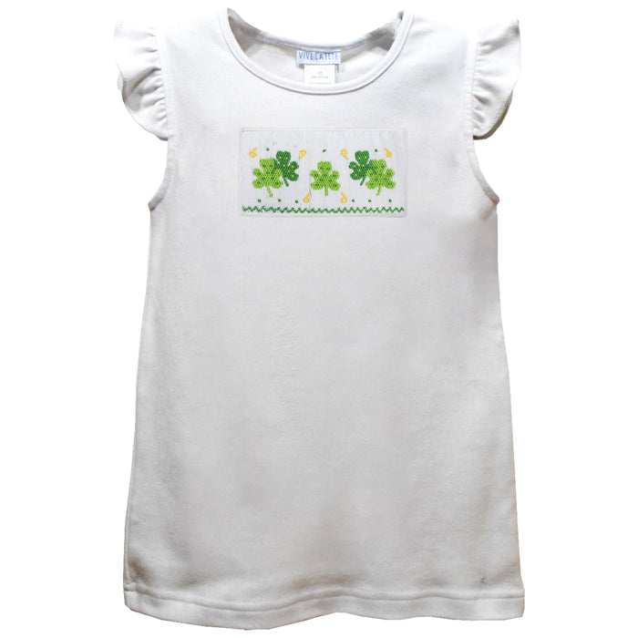 St. Patricks Smocked White Knit Angel Wing Sleeves Girls Tshirt