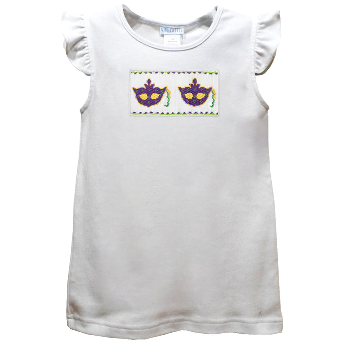 Mardi Gras Masks Smocked White Knit Angel Wing Sleeves Girls Tshirt - Vive La Fête - Online Apparel Store