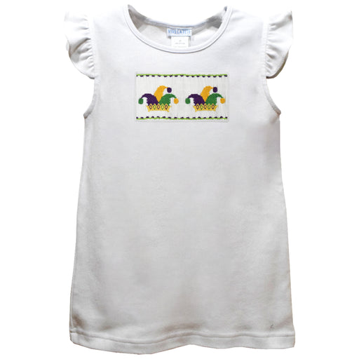 Mardi Gras Smocked White Knit Angel Wing Sleeves Girls Tshirt