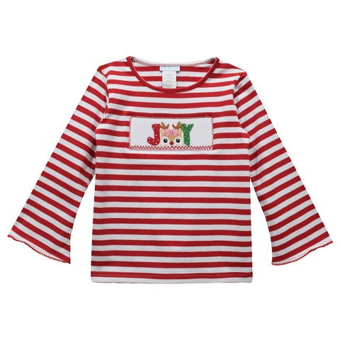 Joy with Reindeer Smocked Red and White Stripes Knit Long Bell Sleeve Girls Blouse