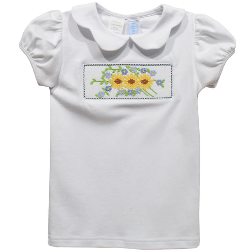 Sunflower Smocked White Knit Puff Sleeve Girls Top - Vive La Fête - Online Apparel Store