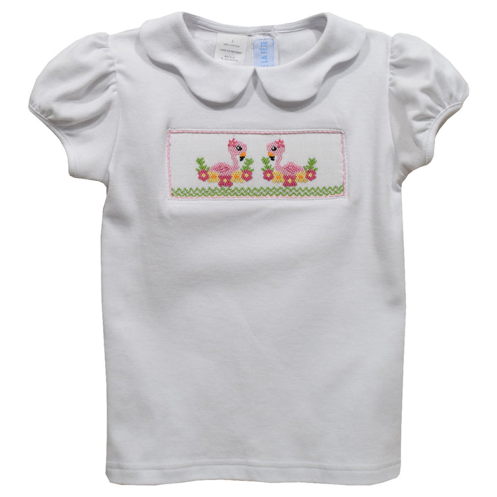 Flamingo Smocked White Knit Puff Sleeve Girls Top - Vive La Fête - Online Apparel Store
