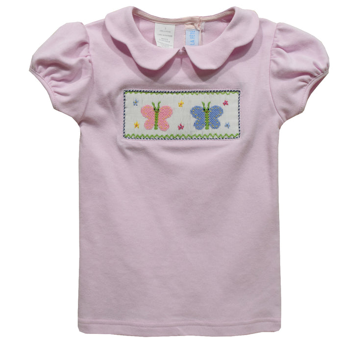 Butterflies Smocked Pink Knit Puff Sleeve Girls Top - Vive La Fête - Online Apparel Store