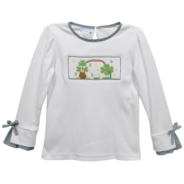 Shamrocks Smocked White Knit Long Sleeve Girls Blouse With Rib Cuffs