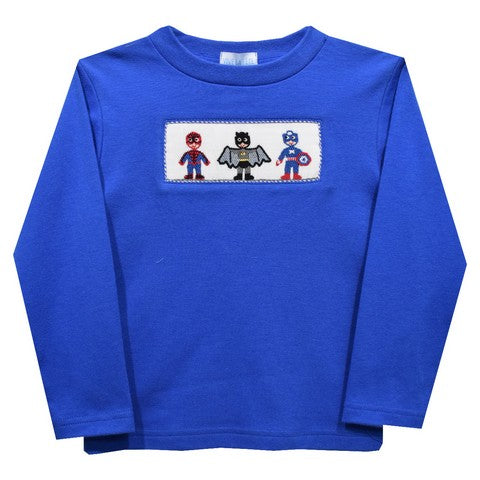 Superheros Smocked Royal Knit Long Sleeve Boys Tee Shirt