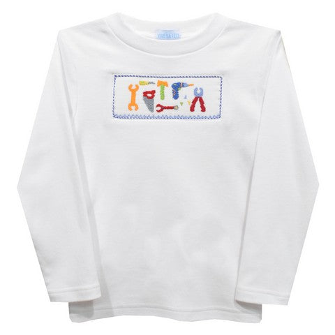 Tools Smocked White Knit Long Sleeve Boys Tee Shirt