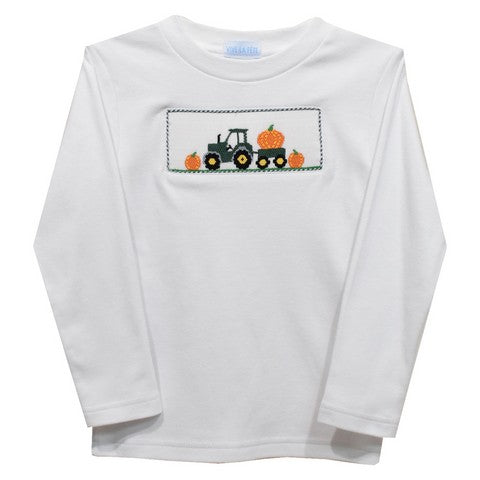 Tractor with Pumpkins Smocked White Knit Long Sleeve Boys Tee Shirt