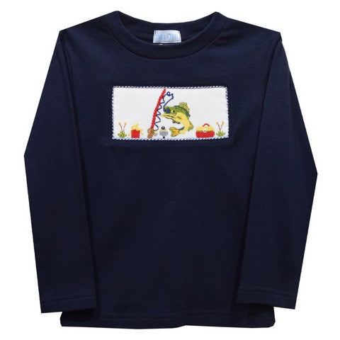Fishing Smocked Navy Knit Long Sleeve Boys Tee Shirt