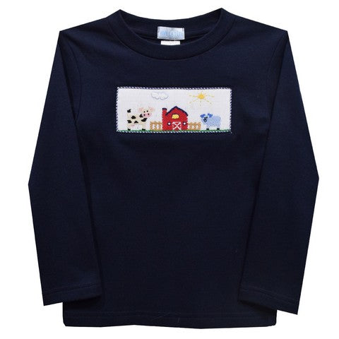 Farm Smocked Navy Knit Long Sleeve Boys Tee Shirt